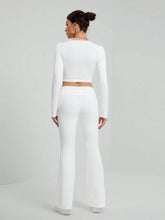 CASUAL V-NECK LACE TRIM TIGHT LONG SLEEVE CROP T-SHIRT AND LOW WAIST FLARED PANTS SET